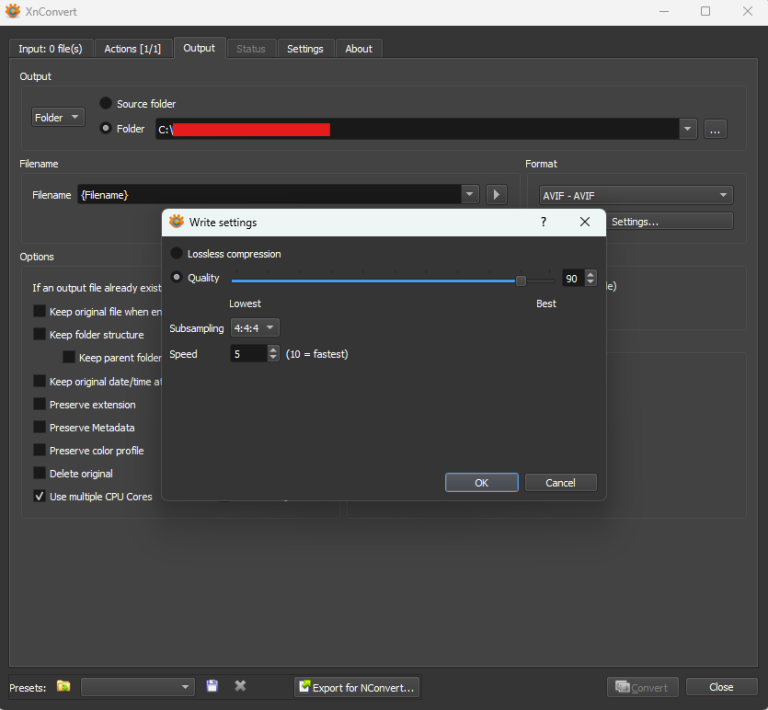 XnConvert format settings